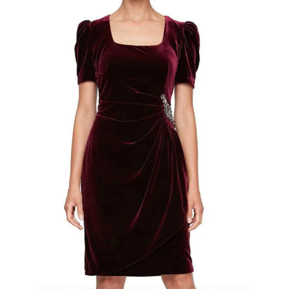 Alex Evenings Velvet Embellished Puff Sleeve Ruched Cocktail Dress | Sz 16 Wine